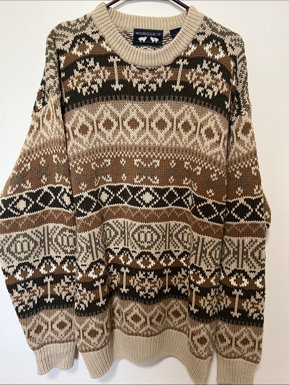 Vintage Grandpa Sweater 100% Cotton Beige & Brown Patterned Crewneck Sweater - Picture 6 of 7